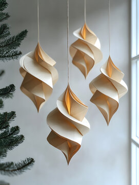 Aesthetic Beige Geometric Christmas Tree Decoration Paper Ornaments Hanging by Window