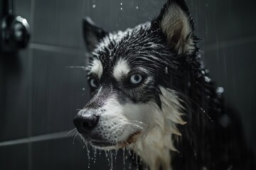 Obraz premium In a stylishly arranged light setting, this photograph features a wet Siberian Husky highlighting its dramatic posing and majestic allure during a shower.