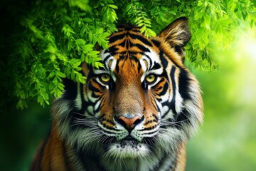 Fototapeta premium Bengal tiger hiding in jungle looking directly at viewer