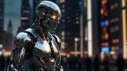 A metallic humanoid robot stands in a futuristic city, with glowing yellow eyes and a blurred city backdrop.