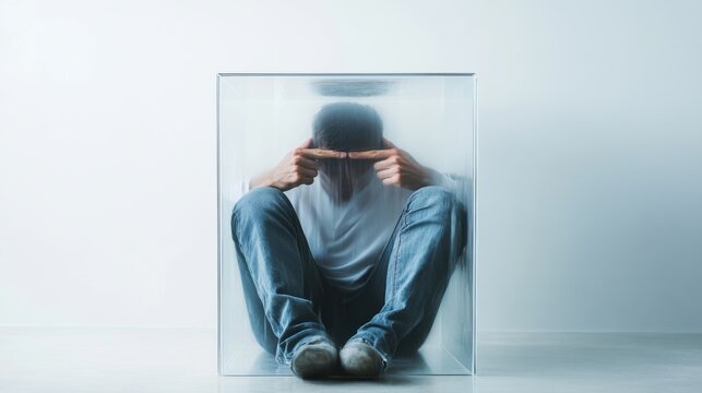 A conceptual image of a person trapped inside a transparent box labeled with societal expectations, symbolizing the constraints of societal norms, Studio shot