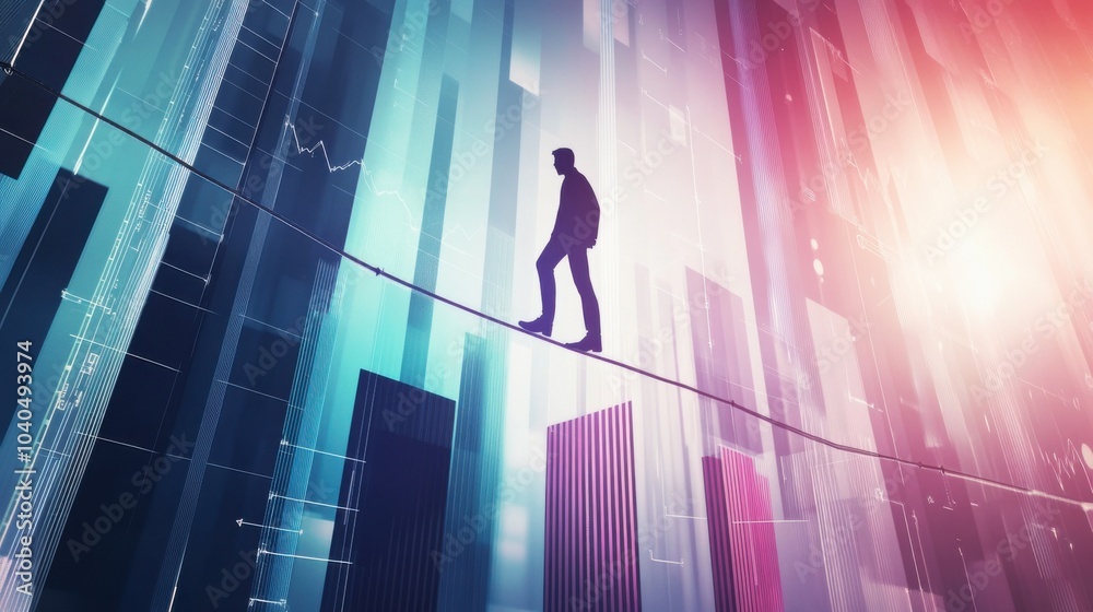 Poster A conceptual image of a person walking a tightrope made of bar graphs and charts, representing the balancing act of modern business life, Abstract background