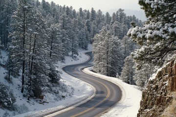 A picturesque, snow-blanketed road meandering through a dense pine forest, this winter scene evokes feelings of tranquility and a yearning for adventure.