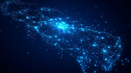 A 3D network map of the imaginary country, covered in glowing mesh lines and point clusters on a modern blue background
