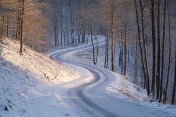Obraz premium A tranquil road blanketed in snow runs through a wood of bare trees, illuminated by a soft golden sunrise, creating a peaceful and quiet winter landscape.