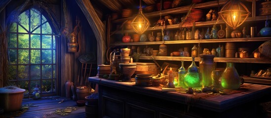 An old wooden room with a large window and shelves full of jars and bottles, lit by candles.