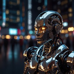 A futuristic robot with glowing eyes stands in a crowded city at night.
