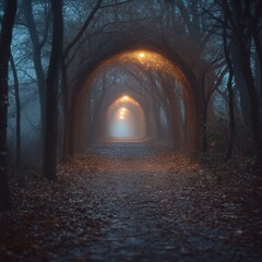 Obraz premium A misty forest path with glowing lights in the distance.