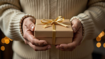 A person holds a small gift wrapped in brown paper with a golden ribbon during a cozy indoor gathering in the winter season