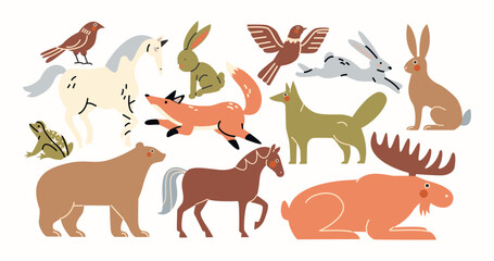 Wild forest animals in cartoon style. Forest fauna of mammals: hare. fox, elk, bear, horse, wolf. Vector doodle animals in retro style