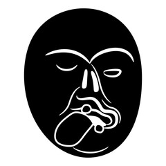 Twisted face mask from Veracruz, Mexico. Indigenous Native American art. Pre Columbian Indian design. Black and white silhouette. Dead human head with its tongue sticking out.