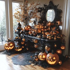 Obraz premium A large collection of carved pumpkins with lit candles inside, arranged on a table in front of a window.