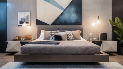 A contemporary bedroom with a floating bed, geometric bedside tables, and a large abstract painting