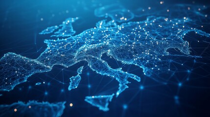 A 3D network map of the imaginary country, covered in glowing mesh lines and point clusters on a modern blue background