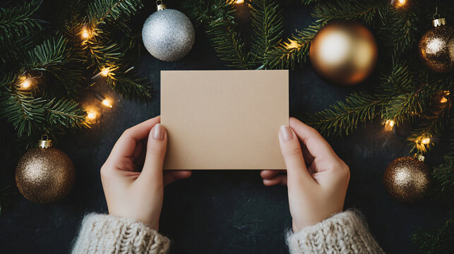 Female hands holding blank beige card mockup against black table background with New Year decorations, gold balls and fir branches. Banner template for Christmas text, secret notes and gifts - Powered by Adobe