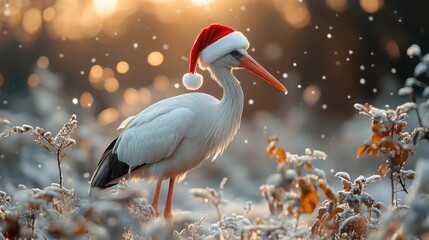 A stork wearing a Santa hat stands in a snowy marsh during a festive winter evening © Emiliia