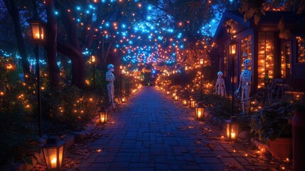 Obraz premium A cobblestone pathway lined with lit lanterns and skeletons leads to a neighborhood decorated with festive lights for Halloween.