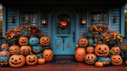 A charming blue house decorated for Halloween with carved pumpkins on the porch.