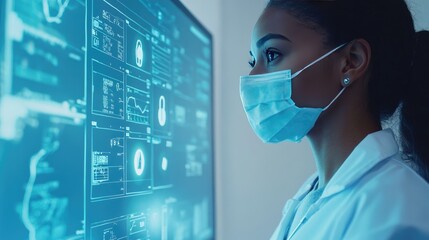 A healthcare professional analyzing digital data on a screen in a modern medical environment