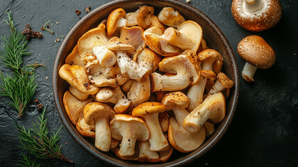 Assortment of Fresh Wild Mushrooms in a Bowl on Black Background