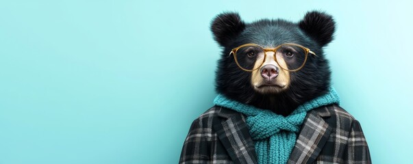 Obraz premium A dapper bear in a vintage plaid suit and gold-rimmed glasses, surrounded by a gradient background that shifts from pale blue to deep teal.