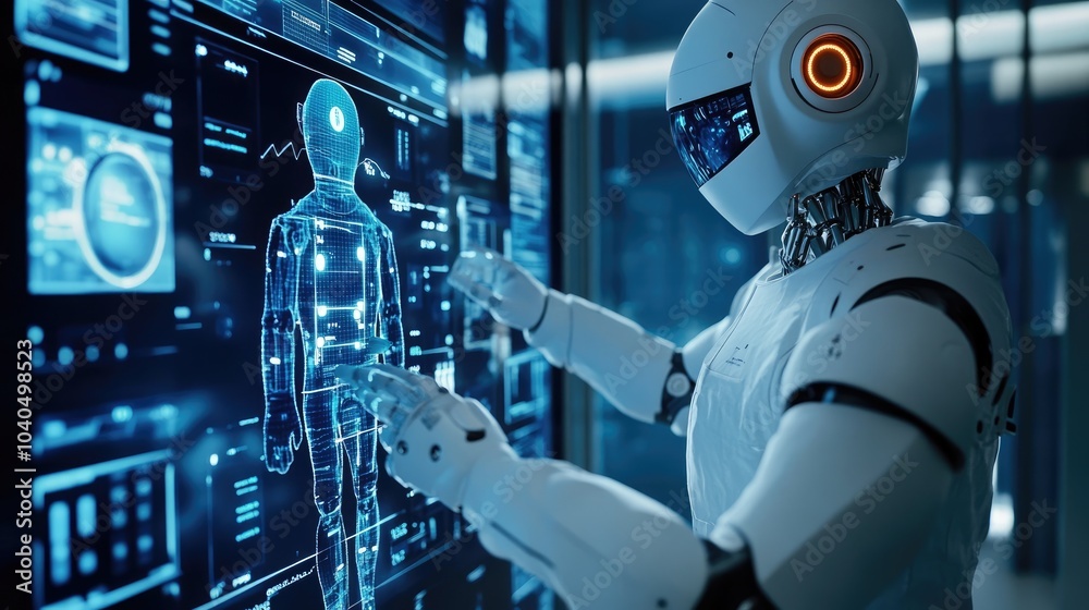Poster exploring the intersection of robotics and human interaction a futuristic visualization of technolog