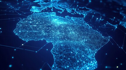A 3D network map of the imaginary country, covered in glowing mesh lines and point clusters on a modern blue background
