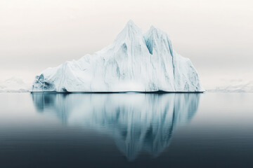 Magnificent iceberg with smooth reflection on calm arctic waters under overcast sky
