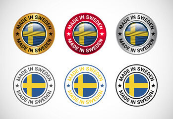 Made in Sweden label icon with flag. Icon set for business, badge, seal, sticker, logo, and symbol
