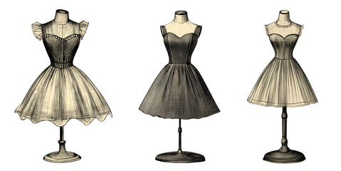 Vintage dress collection featuring elegant designs on mannequins, showcasing timeless fashion styles, isolated on a transparent background, PNG