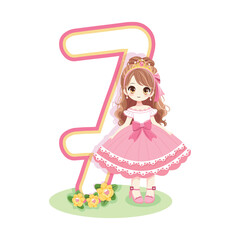 Cute princess with beautiful eyes in a pink dress and number 7 on white background. Happy Birthday concept. For Greeting Card or Invitation. Vector illustration in flat cartoon style
