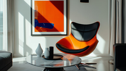 Minimalist interior design of modern living room with bold orange lounge chair and marble coffee table
