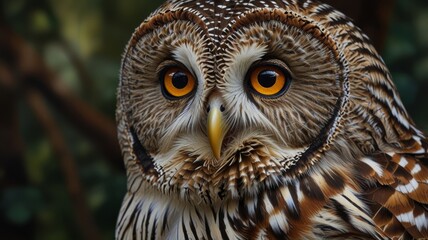 Obraz premium The common owl is a majestic nocturnal bird, known for its distinctive call. It prefers forests and open areas, hunting rodents. A valuable element of the ecosystem!