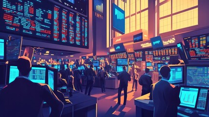 A bustling stock exchange trading floor with traders working at their desks and large screens displaying financial data.