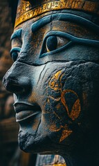 Close-up of a weathered pharaoh statue.