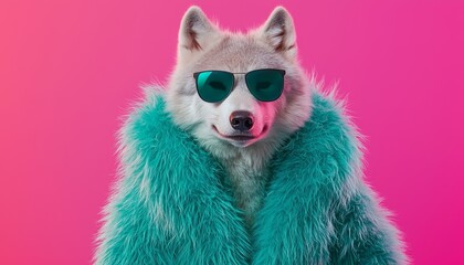 A wolf wearing a bold teal fur coat and dark sunglasses, standing confidently against a gradient of pastel pink transitioning into deep crimson.