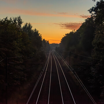 Sun Rises over a railway line,Ayrshire Coast Line, ,Ayrshire Coast Line, Renfrewshire, Scotland, UK