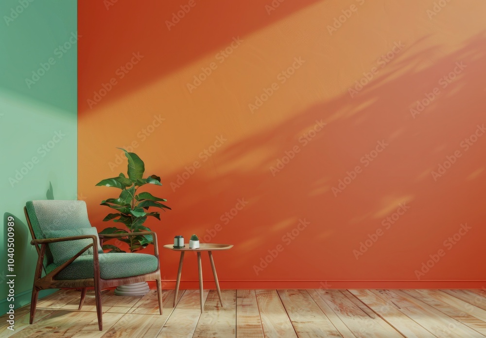 Wall mural modern living room interior with a velvet armchair and stylish decor. the teal and orange wall adds 