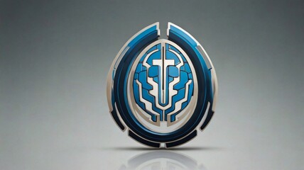 Intricate blue and silver emblem symbolizing advanced technology and innovation displayed on a modern background