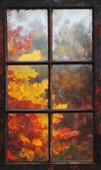 Fall foliage seen through a window pane.