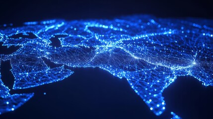 A 3D network map of the imaginary country, covered in glowing mesh lines and point clusters on a modern blue background