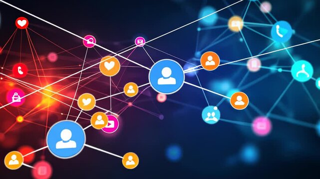 Abstract representation of social media connections and interactions through colorful icons.
