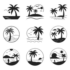 Palm tree silhouette on the beach by the sea for summer vacation, Coconut tree silhouette. summer sunset sea design