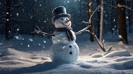 Fototapeta premium A cheerful snowman stands in a snowy forest glade on a winter evening, surrounded by falling snowflakes and illuminated by soft light