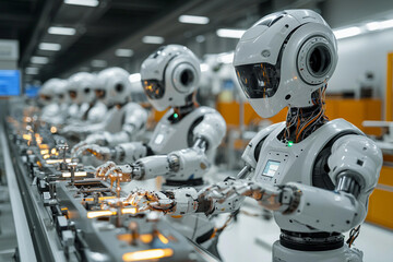 Fototapeta premium Robots assembling products in a modern factory during daylight hours