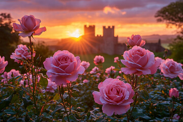 Sunset illuminates pink roses in bloom near an ancient castle