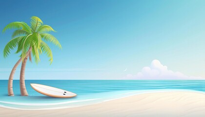 Serene beach scene with palm trees, surfboard, and clear blue sky. Perfect for relaxing summer vacations and beach vibes.