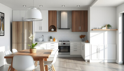 Fototapeta premium Home kitchen interior with eating table, bar island and cabinet. Mockup wall isolated with white highlights, png