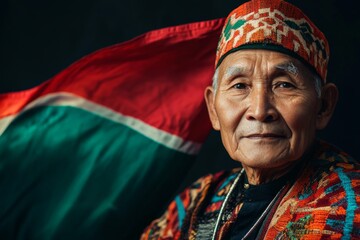 An elder adorned in ornate traditional garments stands boldly against a backdrop of vivid national colors blowing in the wind, reflecting ancestral wisdom and strength.