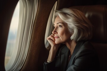 A sophisticated elderly woman with gray hair, ponders while looking out the airplane window. Dressed in a dark suit, she exudes wisdom and reflection during her journey.